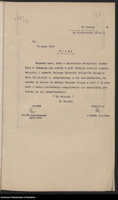 image.from.unit.number "Walny Zjazd Delegatów [wnioski na zjazd, ewidencja kół, sprawozdania sekretarza, komendanta delegatury grodzkiej, bilans]"