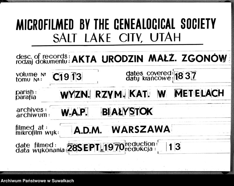 image.from.unit.number "Księga Duplikat zwana Aktów Cywilnych Urodzenia, Małżeństw i Zeyscia z R-u 1837 Parafii Metelskiey"