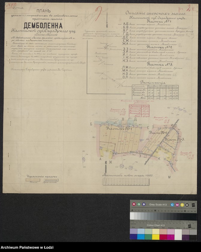 Obraz 1 z jednostki "Plan´ zemel´ postupivšich´ v´ sobstvennost´ krest´jan´ selenija Dem´bolenka Kališskoj gubernii, sěradzkago uezda, gminy Barčev´ po dobrovolnoi sdelkě vzaměn´ servitutov´ i za obměn´ nadělnych´ zemel´"