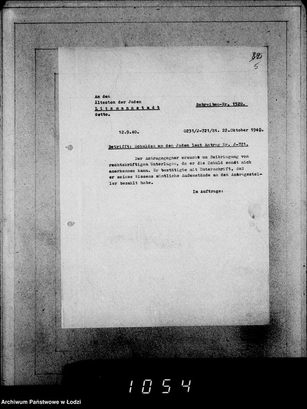 Obraz 9 z jednostki "J.721-740 [Wnioski Żydów z Getta o zwrot należności za dostarczony towar]"