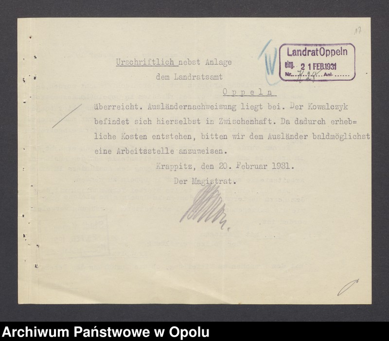 Obraz 17 z jednostki "[Zezwolenie na pobyt - dezerter Johann Kowalczyk, ur. 4. 08. 1908 w Oświęcimiu]"