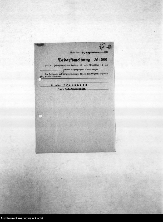 Obraz 19 z jednostki "Bedarfsmeldungen [Kopie skierowanych do Getto Verwaltung (Zarządu Getta) zapotrzebowań na surowce, materiały, narzędzia, maszyny itp. potrzebne resortom pracy do produkcji]"