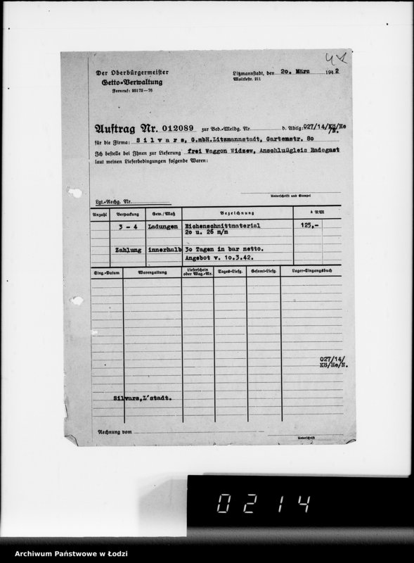 Obraz 7 z jednostki "Aufträge 7611-12089 und Rechnungen Firma Silvars G.m.b.H.Litzmannstadt auf Holzmaterial"