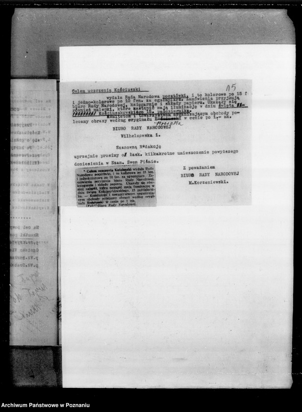 Obraz 18 z jednostki "Potwierdzenie otrzymanych składek pieniężnych na fundusz Kościuszkowski i inne komunikaty związane z funduszem [Wycinki prasowe]"