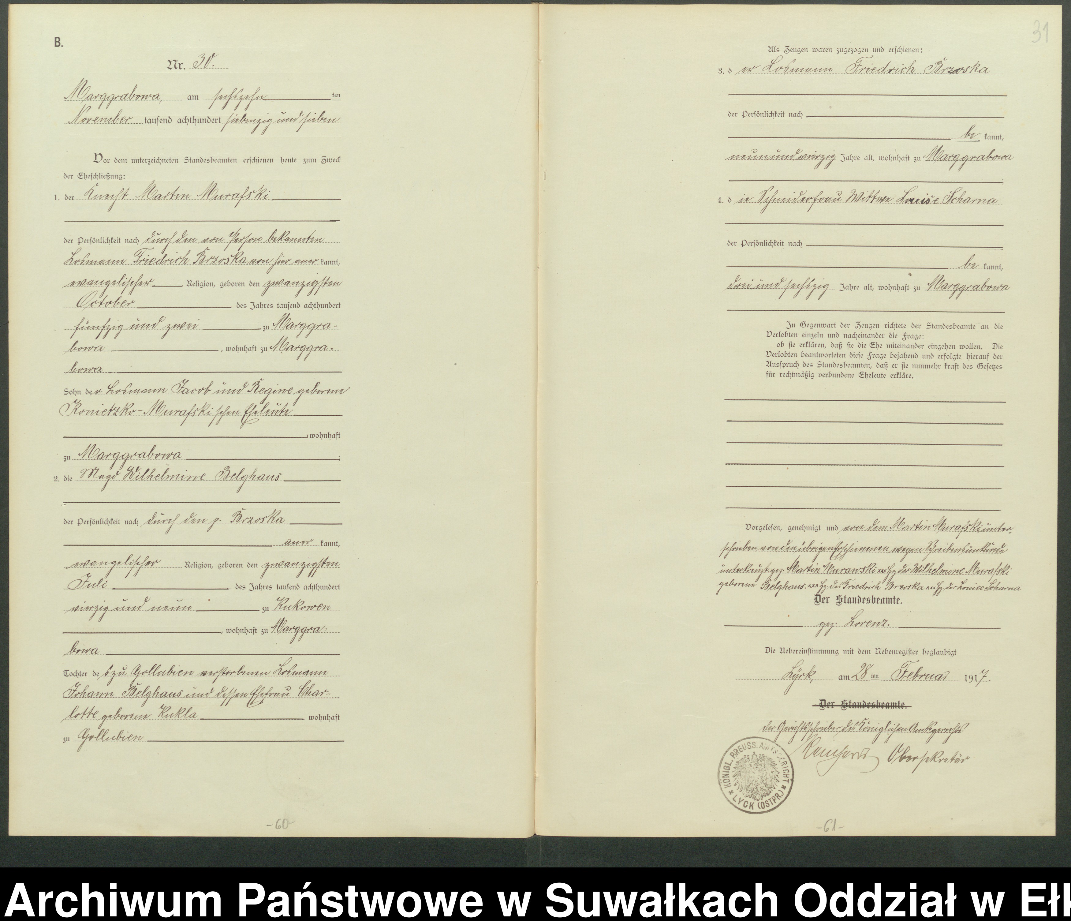 Skan z jednostki: Heiraths-Haupt-Register des Standesamtes Stadtgemeinde Marggrabowa Kreis Oletzko