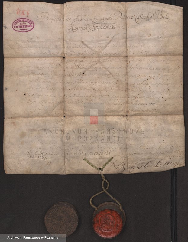 Obraz 2 z jednostki ". Bogusław na Lesznie Leszczyński, proboszcz katedralny płocki, kanonik krakowski, oznajmia, że zatwierdza Andrzejowi Młynarczykowi i jego spadkobiercom prawo do"