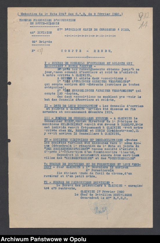 Obraz 14 z jednostki "Tableau des forces de Police, Einwohnerwehr SP, Tendances Militaires /1. Tablica przedstawiająca stan sił policji niemieckiej " Sicherheitspolizei" 2. Wiadomości o radach robotniczych i żołnierskich, 3. Wiadomości o organizacji niemieckiej "Einwohnerwehr" 4. Wiadomości o organizacji "Sicherheitspolizei". 5. Wiadomości o różnych organizacjach niemieckich paramilitarnych/"