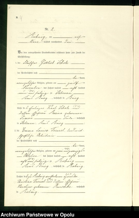Obraz 7 z jednostki "Heiraths-Neben-Register Standes-Amt Riebnig 1903"