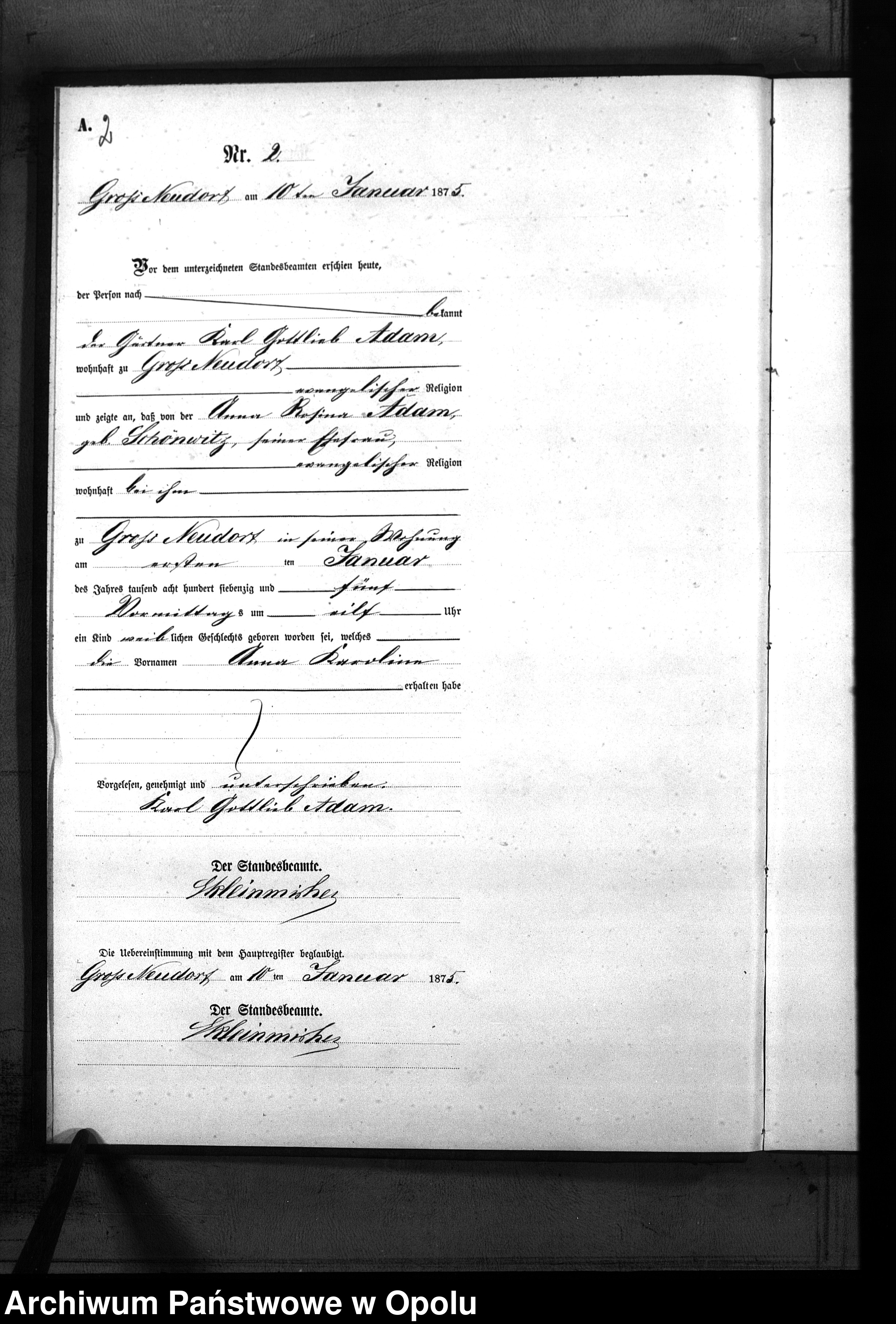 Skan z jednostki: Geburts-Neben-Register Standesamt Gross Neudorf 1875