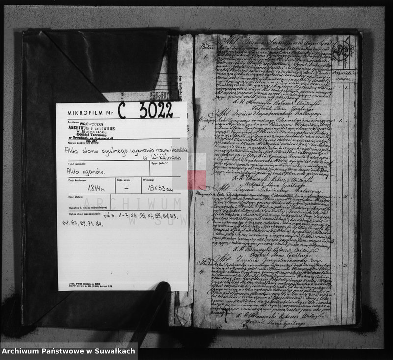 image.from.unit.number "Księga do zapisywania aktów cywilnych zejścia gminy wiżayńskiey, departamentu łomżyńskiego, powiatu kalwaryjskiego na rok 1814"