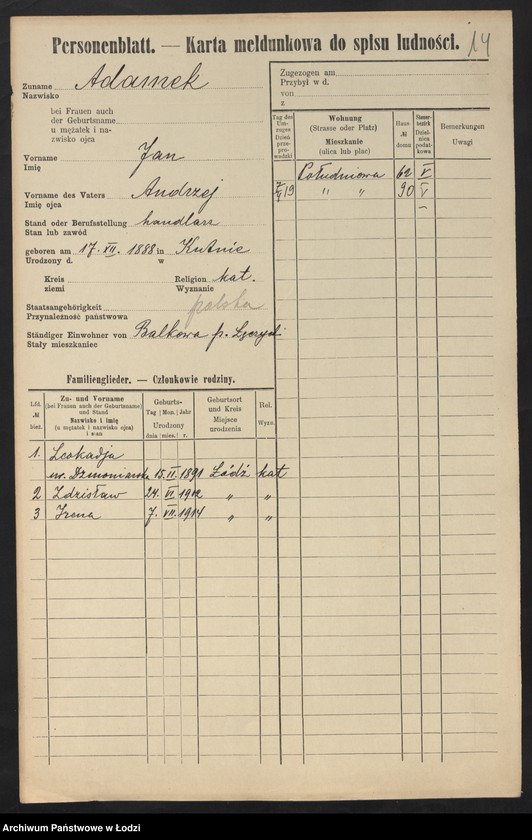 Obraz 16 z jednostki "[Spis ludności Łodzi] Adamek - Adaś"