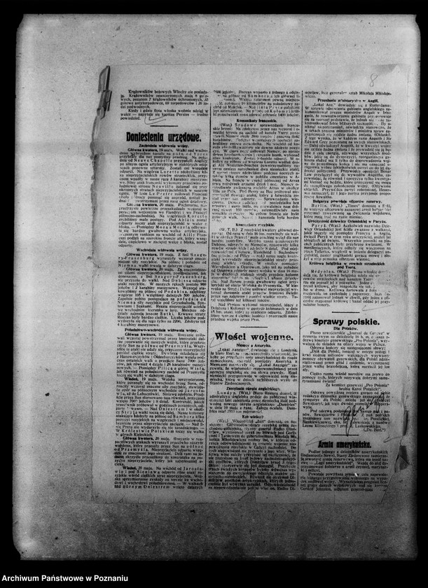 Obraz 13 z jednostki "Wycinki prasowe [Gazeta Poznańska, Ziemia lubelska] na tematy wojny 1918 rok, mapa terenu wojny z Rosją [1914- 1916], ogłoszenia i dwie karty kolorowe na temat pożyczki wojennej, odezwa dowództwa wojsk niemieckich do Polaków w Królestwie Polskim, rozporządzenia w prasie dotyczące aprowizacji w czasie wojny [1915 r.]. Gazeta Gdańska 22 VI 1918 r."