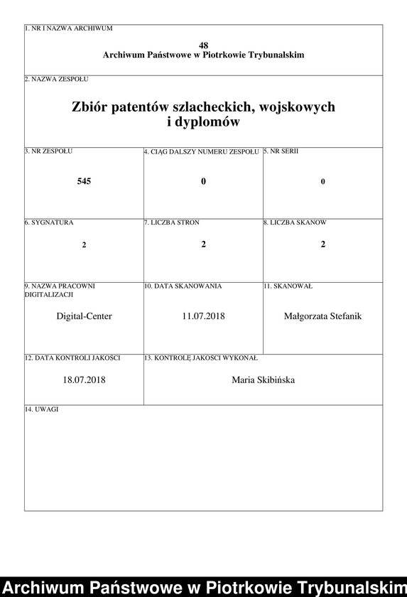 image.from.unit.number "Patent nadania Komendy Chorągwi Lekkiej Aleksandrowi Ułanowi przez króla Stanisława Augusta Poniatowskiego"