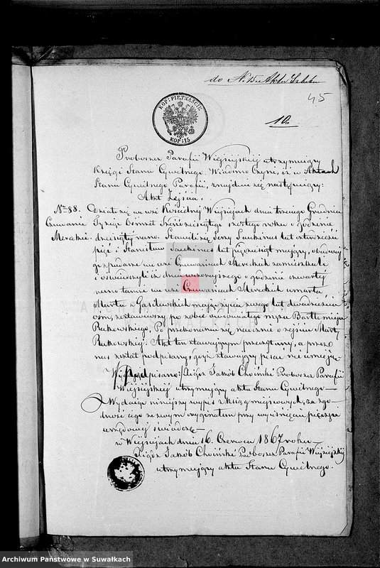 image.from.unit.number "Dowody posługujące do zawartych i spisanych aktów małżeństw przed Urzędnikiem Stanu Cywilnego Parafii Rzym.- katolickiej Lejpuńskiej w 1867 roku"