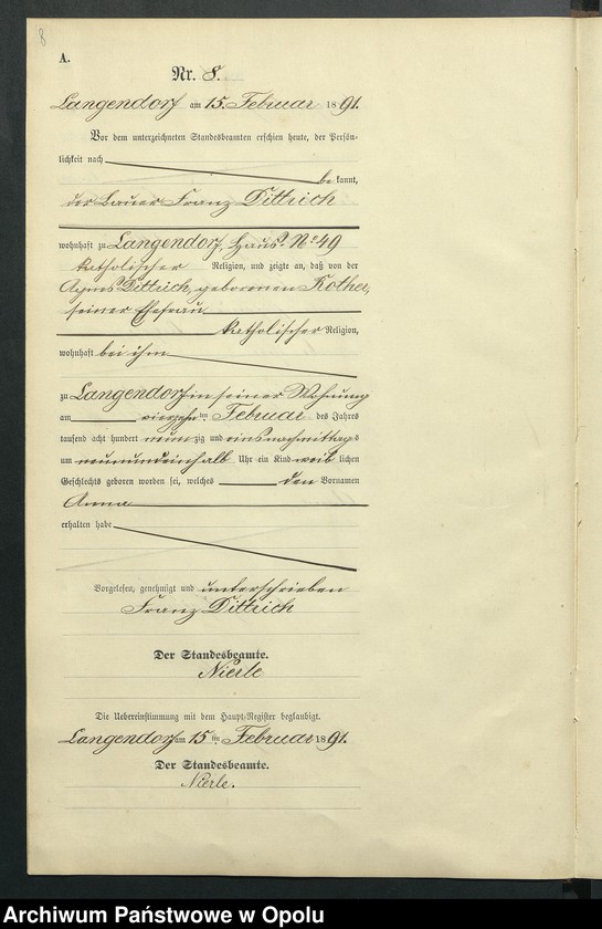 Obraz 12 z jednostki "Geburts-Neben-Register des Standesamts Langendorf pro 1891"