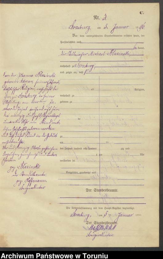 image.from.unit.number "Sterbe-Neben-Register Strasburg , Stadt für das Jahr 1896"