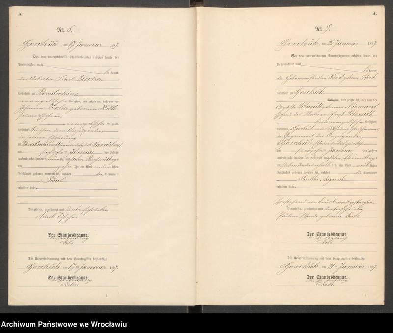 Obraz 7 z jednostki "księga urodzeń Urzędu Stanu Cywilnego w Goszczu (Goschütz) 1897"