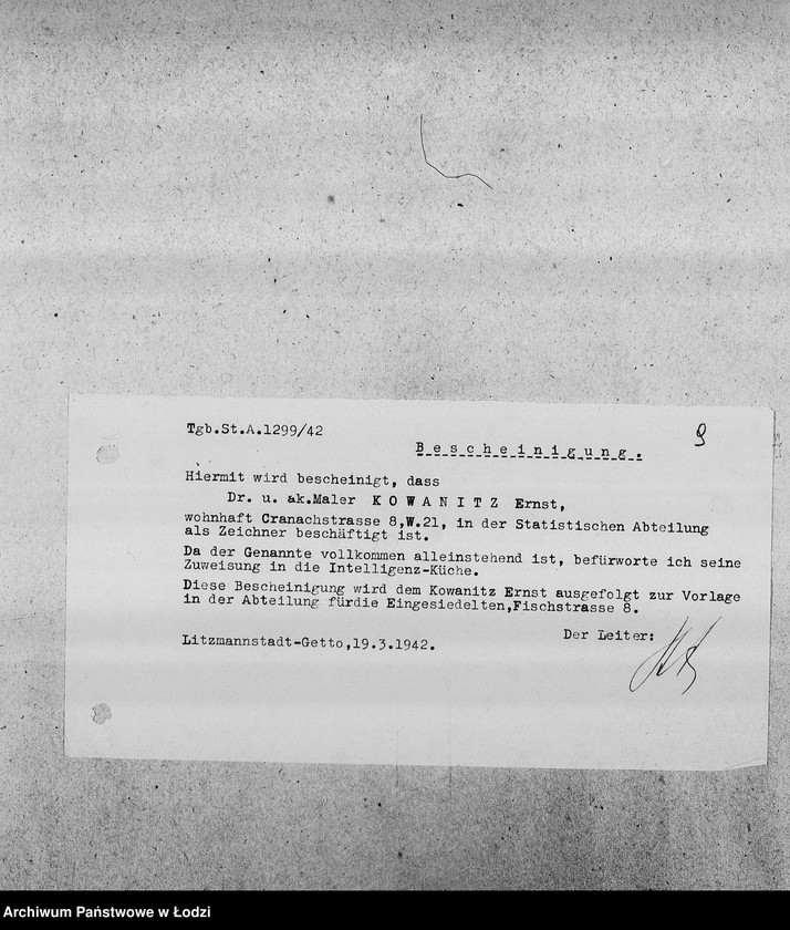 Obraz 12 z jednostki "[Kopie zaświadczeń dla pracowników Wydziałów Ewidencji o zatrudnieniu, wysokości poborów, potrąceniach za komorne, przydziałach żywnościowych i inne]"