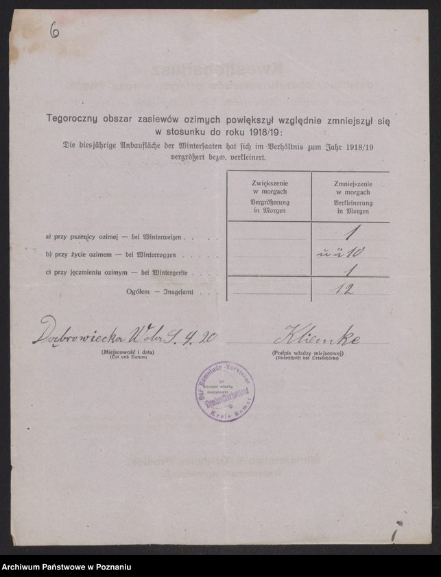 Obraz 8 z jednostki "[Kwestionariusz dotyczący zasiewów ozimych w roku 1919/1920 w powiecie babimojskim]"