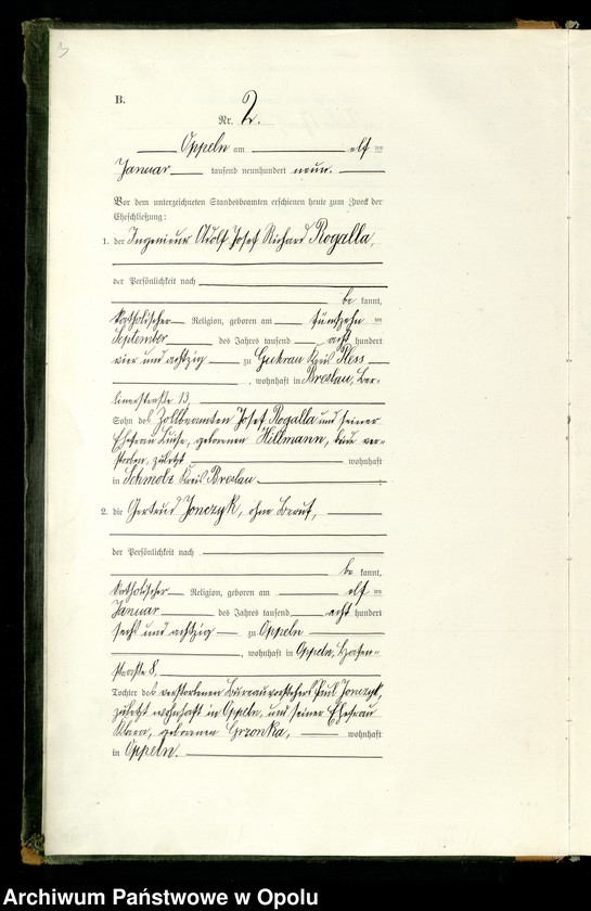 Obraz 6 z jednostki "Rejestr Malżeństw pierwopis 1909 [Opole] 1-173"