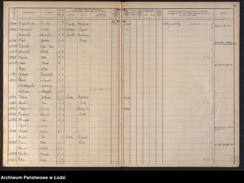 Obraz 20 z jednostki "Księga kontroli ruchu ludności (rejestr osób przybywających do gminy) Łódź, komisariat III, ks. VIII, nr 15533-17398"