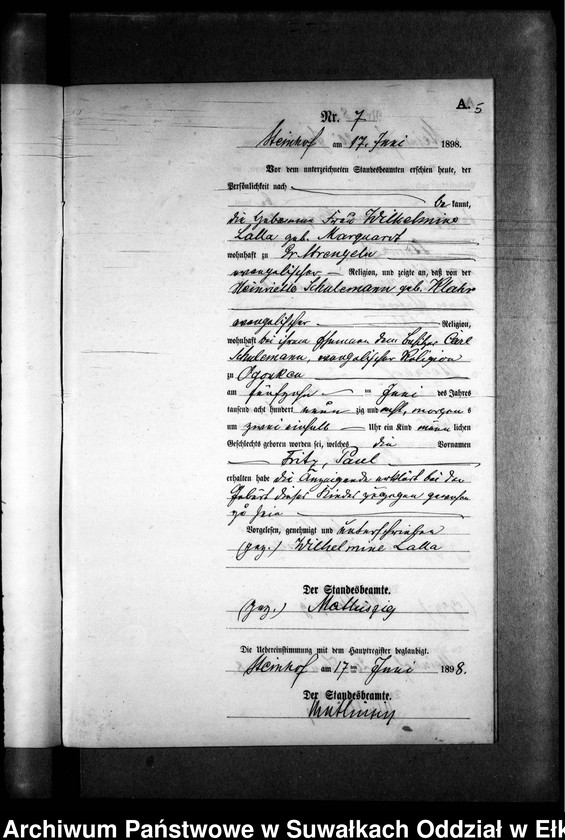 image.from.unit.number "Geburts-Neben-Register des Preussischen Standes-Amtes Gr. Strengeln Kreis Angerburg"