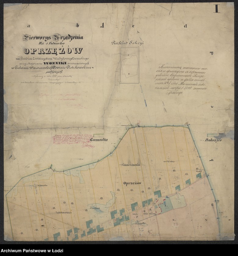 Obraz 1 z jednostki "Pierworys Urządzenia Wsi i Folwarku Oprzężów na fundusz Towarzystwa Kredytowego Ziemskiego przy Majoracie Woźniki przeznaczonych ..."