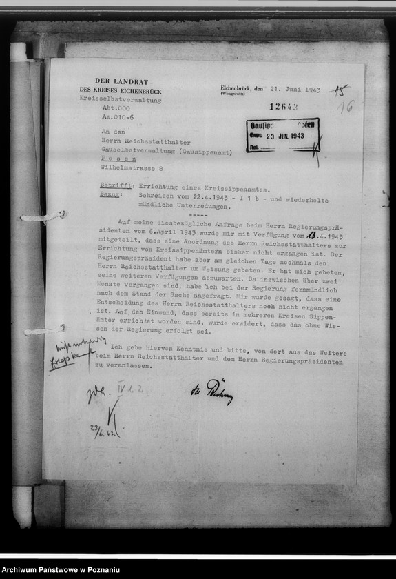 Obraz 20 z jednostki "[Korespondencja w sprawach organizacyjnych i działalności], Kreissippenamt Eichenbrück[/Wągrowiec]"