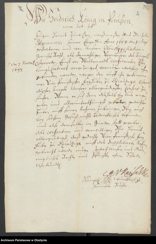 image.from.unit.number "Dziadick [Dziadyk] H. [Haupt] A. [Amt] Osterode [Ostróda]. Acta den Consens, daß die 4 Preussischen Freihufen im Dorfe Dziadick [Dziadyk] auf den Namene des Mich. [Michael] Pilgrimowski gebracht werden mögen"