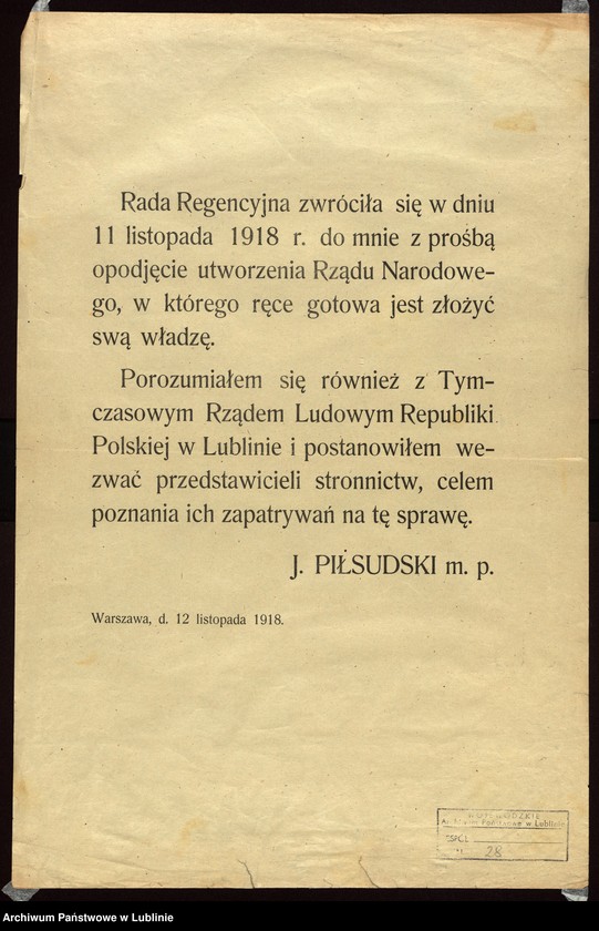 Obraz 6 z kolekcji "Tymczasowy Rząd Ludowy Republiki Polskiej w Lublinie - próby organizacji polskiej państwowości w przededniu odzyskania niepodległości"