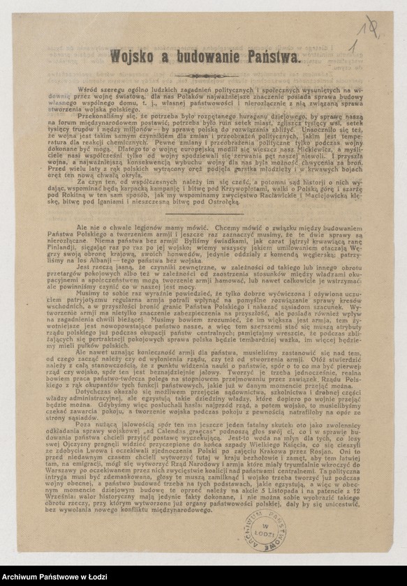 Obraz 1 z jednostki "[Ulotka Stronnictwa Polskiej Demokracji w sprawie tworzenia armii]"