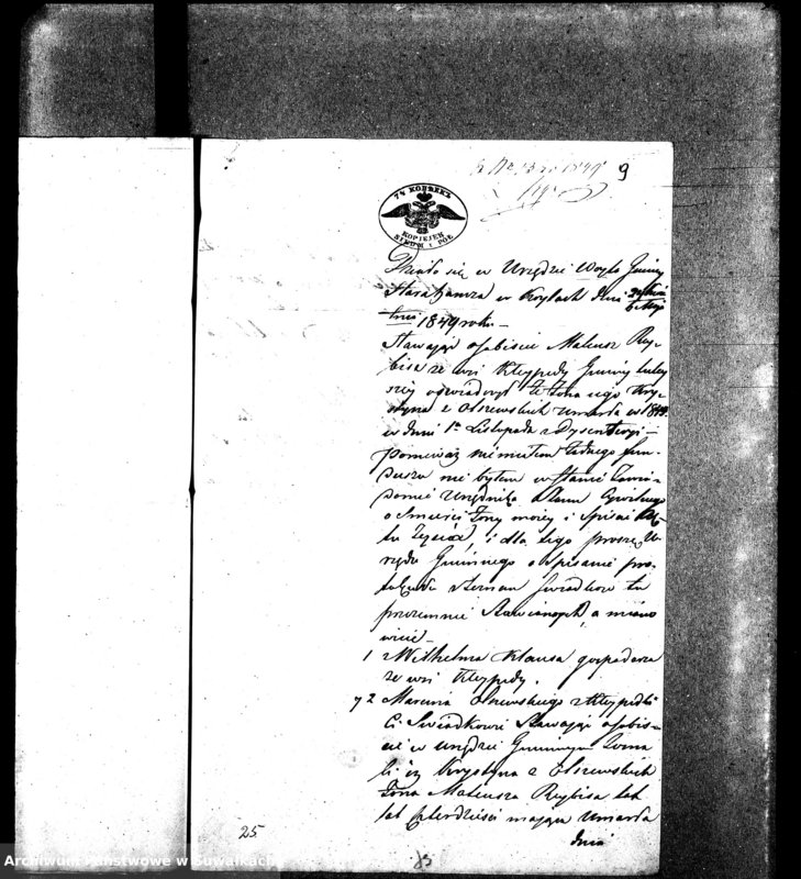 image.from.unit.number "Dowody do aktów małżeństw Parafii Ewangelickiey Wiżayny z roku 1849."