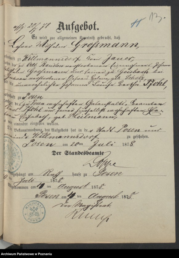 Obraz 15 z jednostki "Die von den Verlobten beigebrachten Urkunden zur Eheschliessung pro 1878"