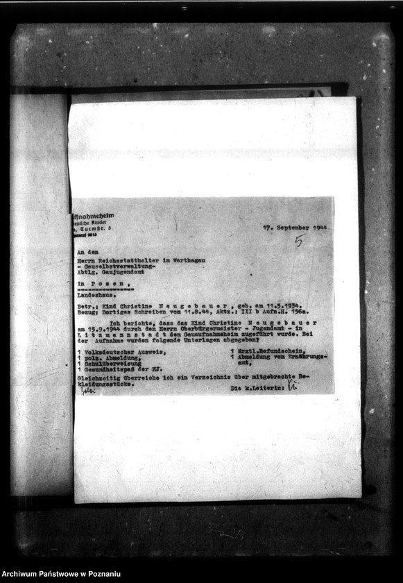 Obraz 9 z jednostki "[Akta personalne wychowanka Christine Neugebauer, ur. 11 V 1934]."