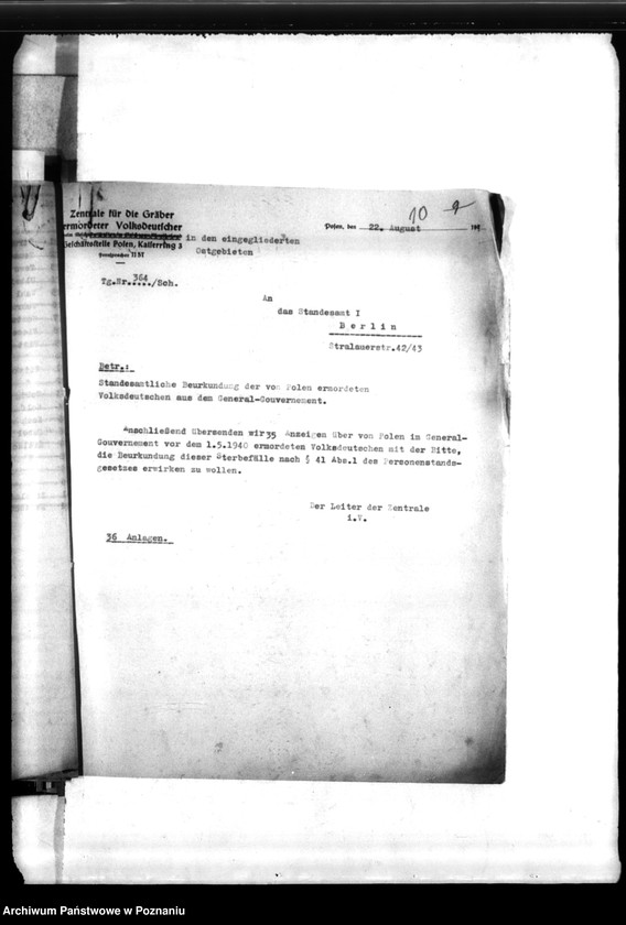 Obraz 14 z jednostki "Schriftwechsel mit Berlin- z Urzędu Stanu Cywilnego i Min. Spraw Wewnętrznych - w sprawie wystawienia świadectw zgonu"