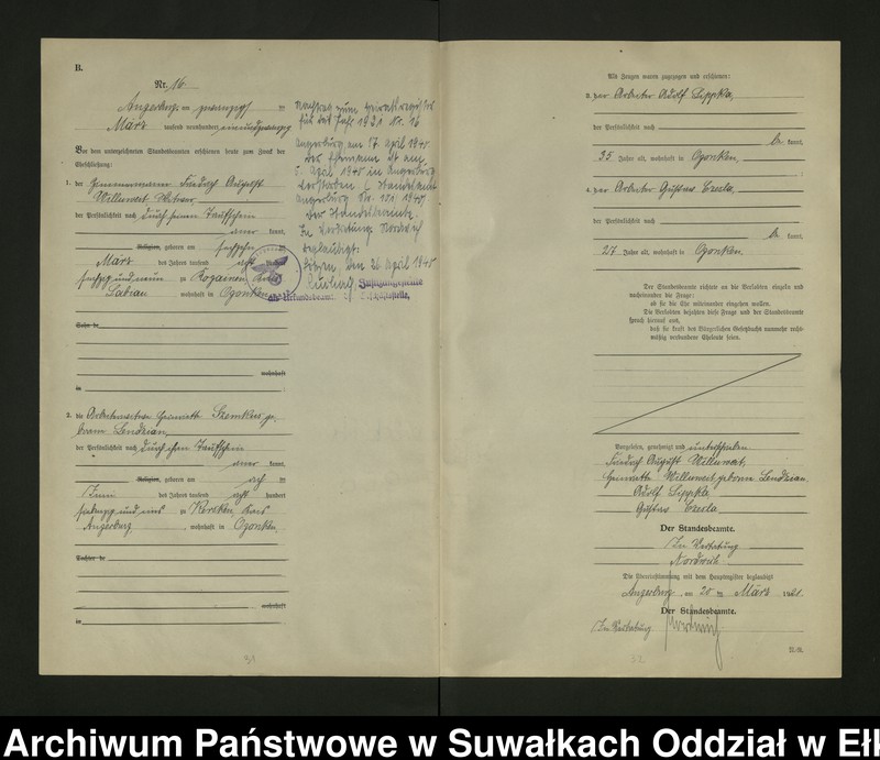 image.from.unit.number "B2. Heirats = Register (Neben = Register) Standesamt Angerburg einschl. der Bezirke, Gross Strengeln, Kehlen und Prinowen No 1 bis 95"