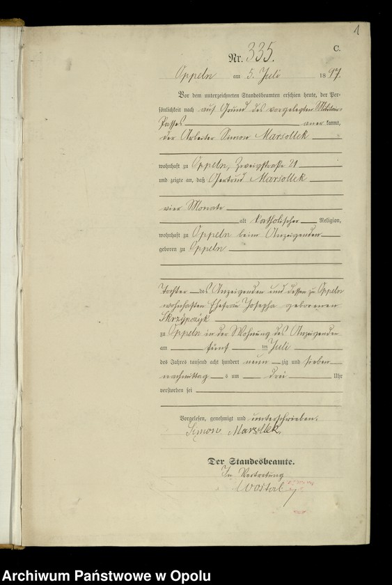 Obraz z jednostki "Urząd Stanu Cywilnego w Opolu 1897 Rejestr zgonów Księga Miejscowa Nr 335 do 634"
