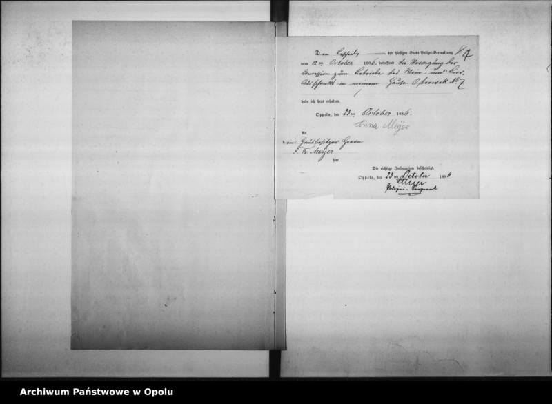 Obraz 10 z jednostki "Acta des Magistrats zu Oppeln betreffend den Wein - Bier - Ausschank im Hause No 7 Ostrowek durch F.B. Meyer Vol. I"