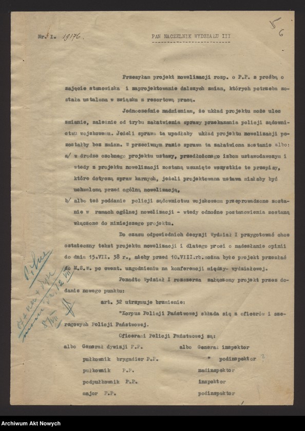 image.from.unit.number "Nowelizacji rozporządzenia Prezydenta Rzeczpospolitej o Policji Państwowej. Projekt dekretu, korespondencja."