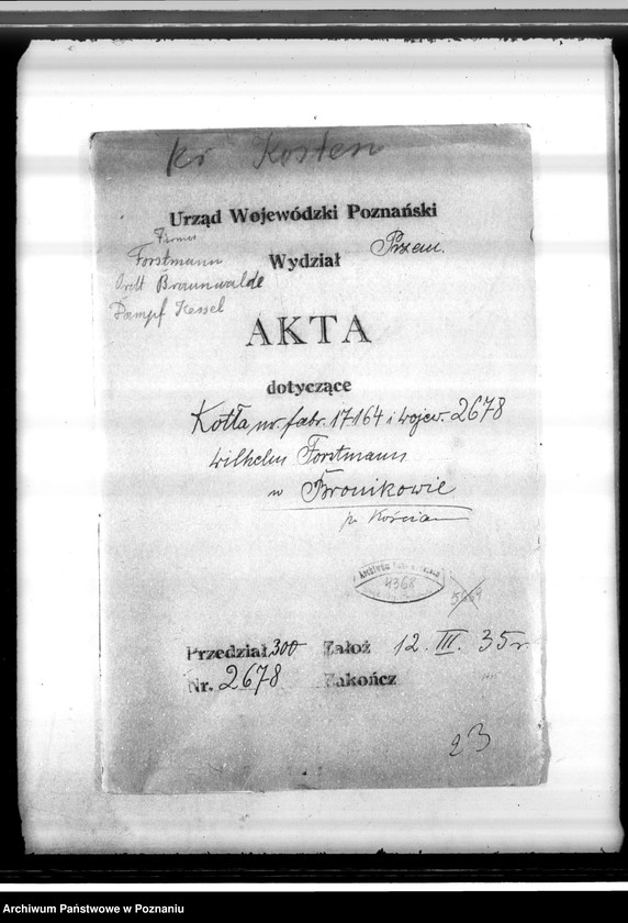 image.from.unit.number "Krochmalnia w Bronikowie pow. kościański W. Forstmann nr woj. kotła 2678"
