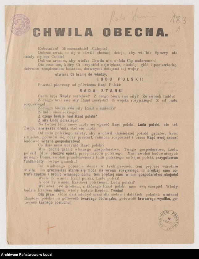 Obraz 1 z jednostki "[Ulotka Centralnego Komitetu Narodowego popierająca Radę Stanu Królestwa Polskiego]"