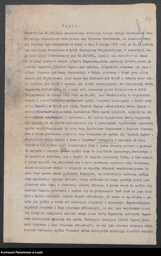 Obraz 16 z jednostki "Ludwik Wagner- właściciele Berta Wagner i Bracia Stegeman- prowadzenie farbiarni i wykończalni"