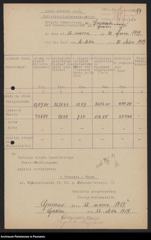 Obraz 19 z jednostki "[Wykazy odstawionego zboża przez Związek Komunalny w Gnieźnie]"