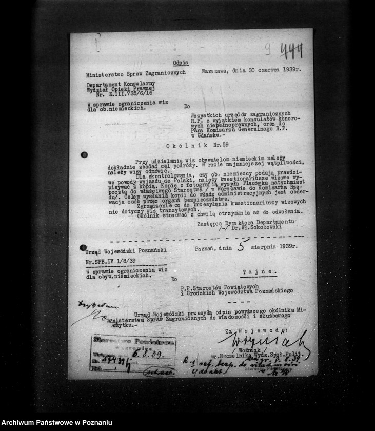 Obraz 13 z jednostki "/Regulowanie pobytu w Polsce obywateli państw obcych- uchodźców, osób pozbawionych obywatelstwa polskiego itp.. /generalia, akta tajne/"