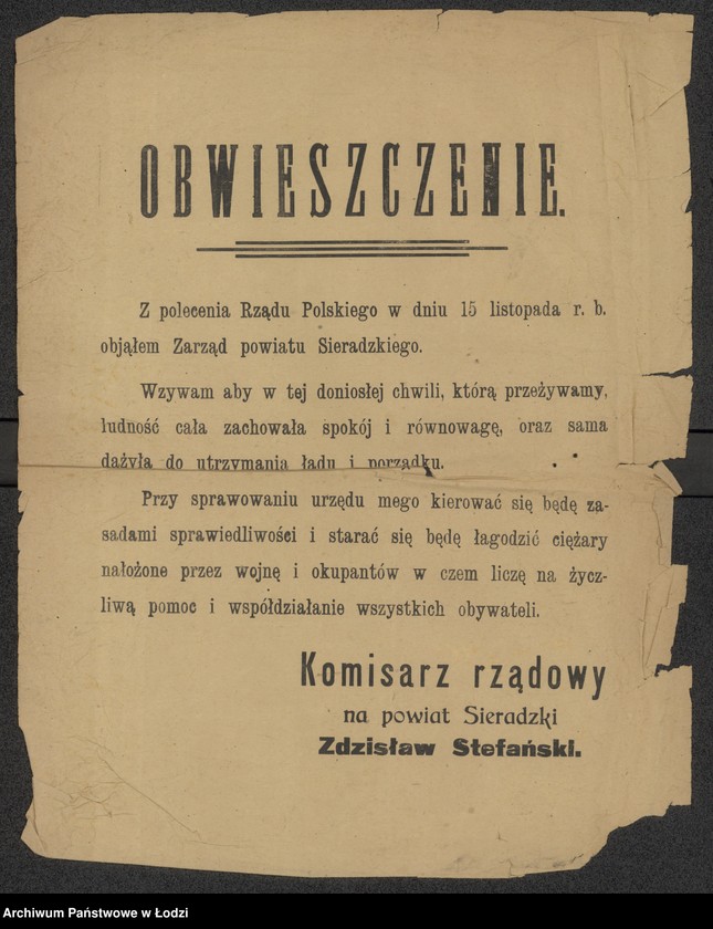 Obraz 1 z jednostki "[Obwieszczenie wzywające mieszkańców powiatu sieradzkiego o zachowanie porządku publicznego]"