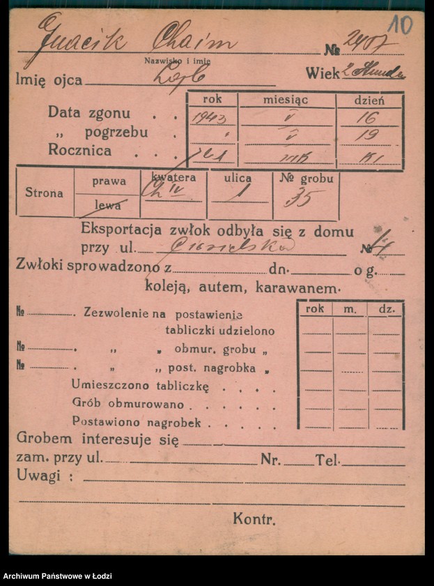 Obraz 11 z jednostki "Kartoteka osób pochowanych na cmentarzu żydowskim przy ulicy Brackiej w latach 1892-1955. Nazwiska na litery: Gl-Goldbe"