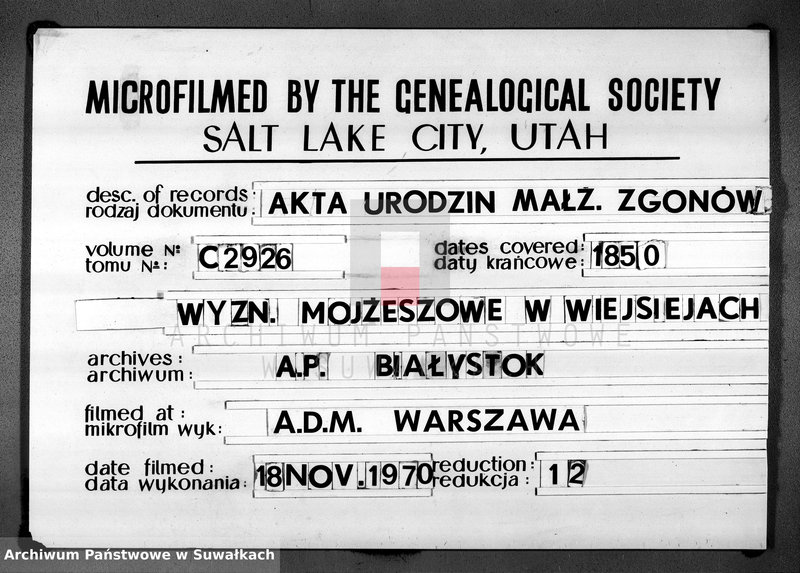 image.from.unit.number "Duplikat Akt Urodzonych, zmarłych i Zaślubionych Wyznania Mojżeszowego Okręgu Weysieie w roku 1850"