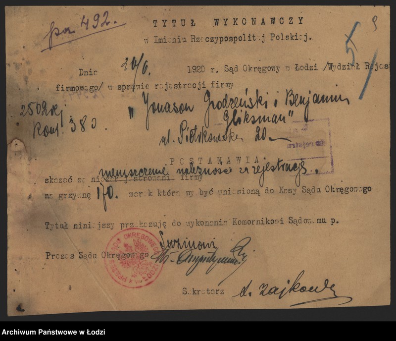 Obraz 11 z jednostki "Jonason Grodzieński i Benjamin Gliksman – fabrykacja i sprzedaż towarów włóknistych"