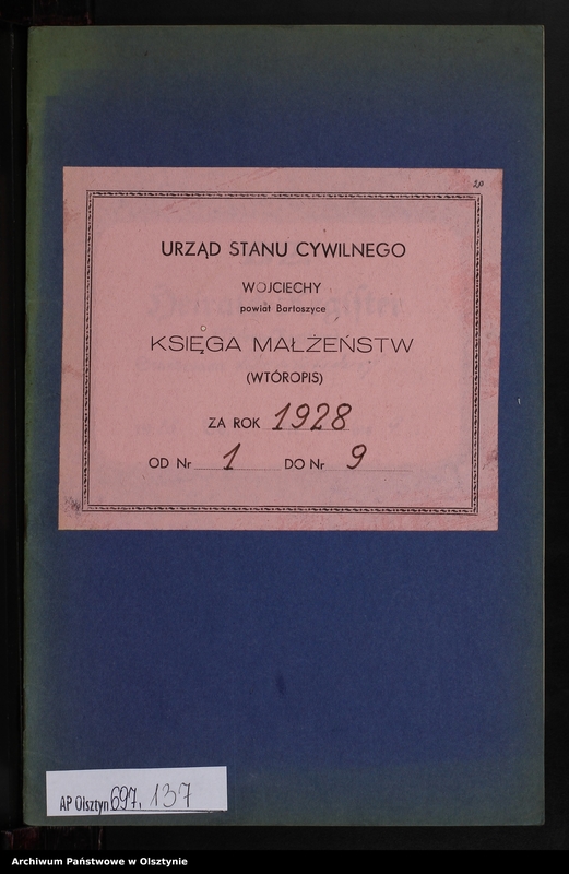 Obraz 1 z jednostki "Heiraths-Neben-Register Nr 1 - 9 [ Księga małżeństw - wtóropis ]"