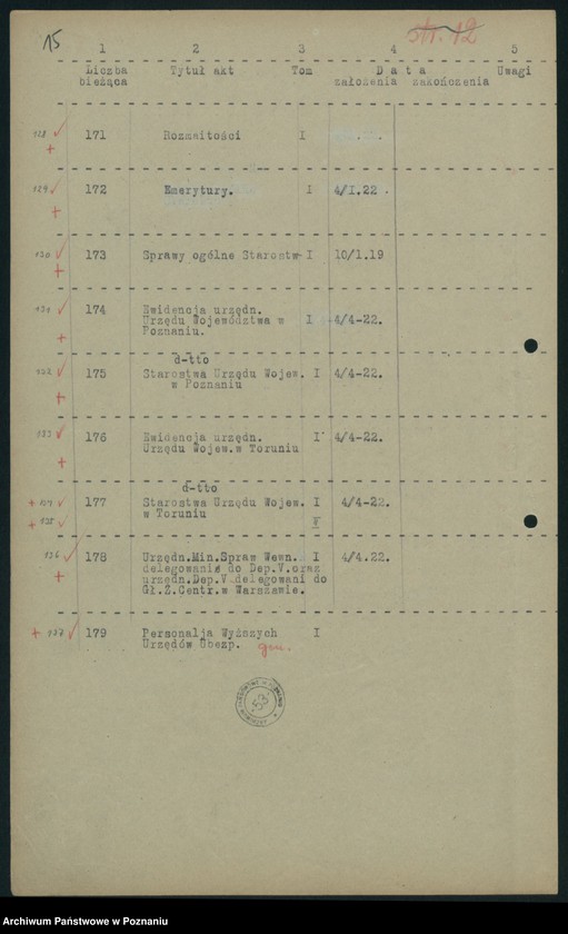 Obraz 17 z jednostki "Wykaz akt Departamentu V [Spraw Wewnętrznych] Ministerstwa Byłej Dzielnicy Pruskiej w Poznaniu [przekazanych do Archiwum Państwowego w Poznaniu]"